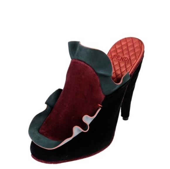 Fendi Shoes - Fendi Black and Burgundy Suede Ruffle Mules